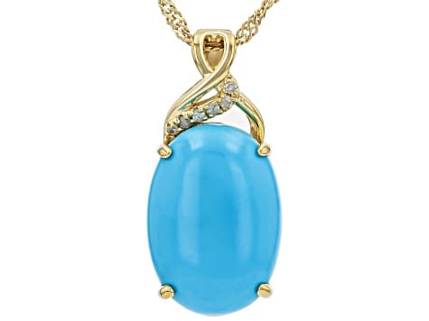 Sleeping Beauty Turquoise With White Diamond 18k Yellow Gold Over Silver Pendant with Chain 0.04ctw