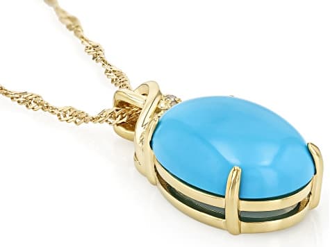 Sleeping Beauty Turquoise With White Diamond 18k Yellow Gold Over Silver Pendant with Chain 0.04ctw