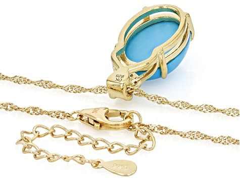 Sleeping Beauty Turquoise With White Diamond 18k Yellow Gold Over Silver Pendant with Chain 0.04ctw