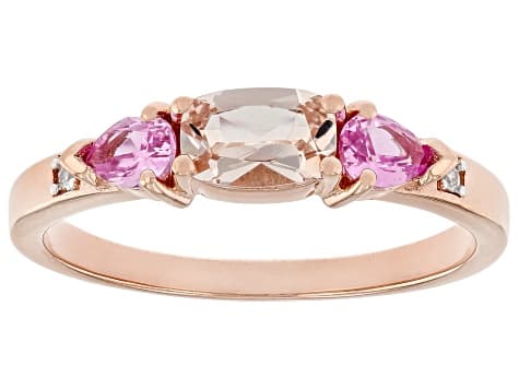 Peach Morganite, Lab Sapphire With White Zircon 18k Rose Gold Over Sterling Silver Ring 0.72ctw