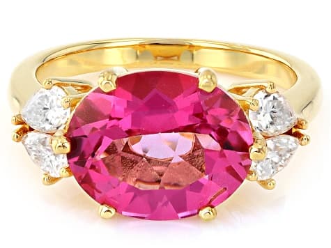 Pink Topaz with White Moissanite Fire® 18K Yellow Gold Over Sterling Silver Ring 5.68ctw