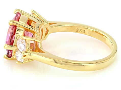 Pink Topaz with White Moissanite Fire® 18K Yellow Gold Over Sterling Silver Ring 5.68ctw