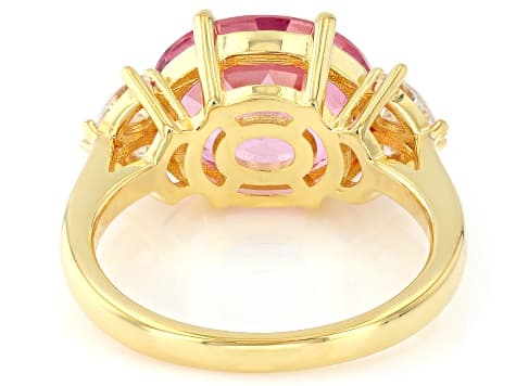 Pink Topaz with White Moissanite Fire® 18K Yellow Gold Over Sterling Silver Ring 5.68ctw