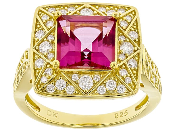 Pink Topaz with White Moissanite Fire® 18k Yellow Gold Over Sterling Silver Ring 3.49ctw