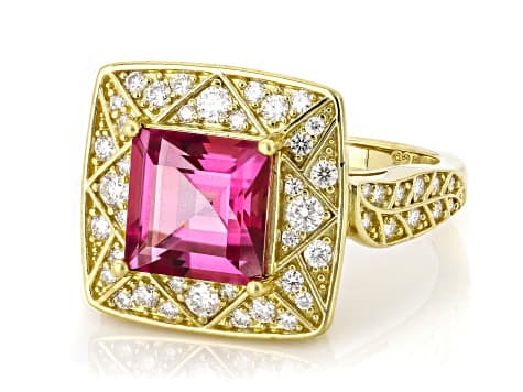 Pink Topaz with White Moissanite Fire® 18k Yellow Gold Over Sterling Silver Ring 3.49ctw