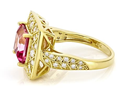 Pink Topaz with White Moissanite Fire® 18k Yellow Gold Over Sterling Silver Ring 3.49ctw