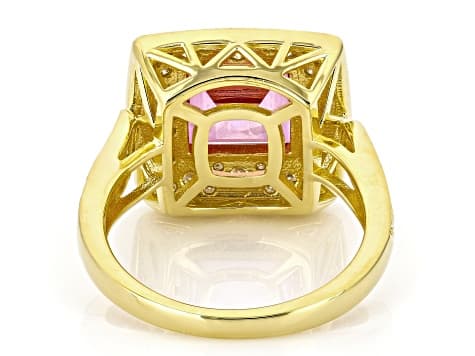 Pink Topaz with White Moissanite Fire® 18k Yellow Gold Over Sterling Silver Ring 3.49ctw