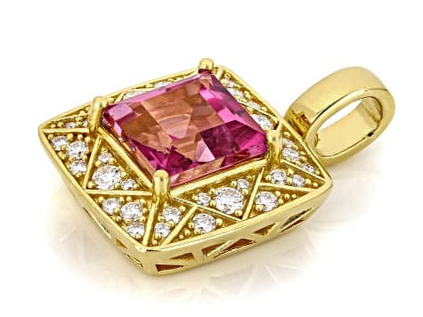 Pink Topaz with White Moissanite Fire® 18K Yellow Gold Over Sterling Silver Pendant 3.49ctw