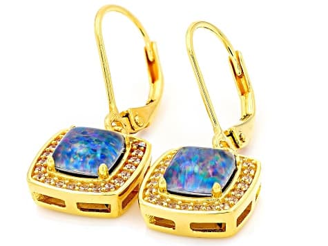 Australia Triplet Opal With White Zircon 18K yellow Gold Over Silver Dangle Earrings 3.16ctw