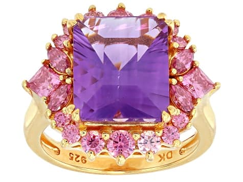 Purple Canela Amethyst with Pink Moissanite Fire® 18K Yellow Gold Over Sterling Silver Ring 4.48ctw
