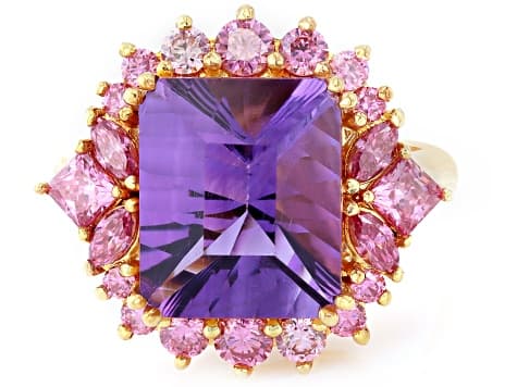 Purple Canela Amethyst with Pink Moissanite Fire® 18K Yellow Gold Over Sterling Silver Ring 4.48ctw