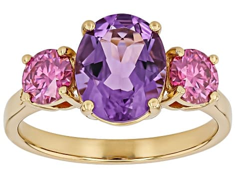 Canela Amethyst With Pink and White Moissanite 18K Yellow Gold Over Sterling Silver Ring 3.01ctw