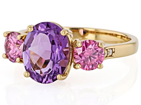 Canela Amethyst With Pink and White Moissanite 18K Yellow Gold Over Sterling Silver Ring 3.01ctw