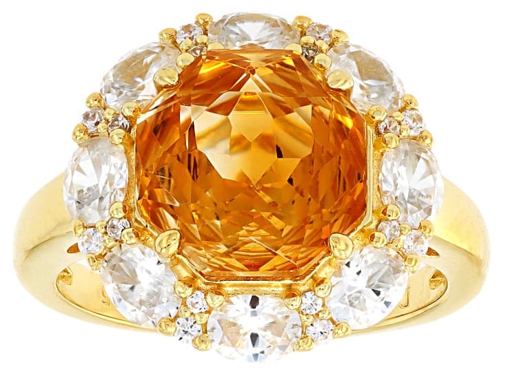 Rose Cut Yellow Citrine With White Zircon 18K Yellow Gold Over Sterling Silver Ring 5.73ctw