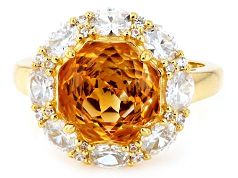 Rose Cut Yellow Citrine With White Zircon 18K Yellow Gold Over Sterling Silver Ring 5.73ctw