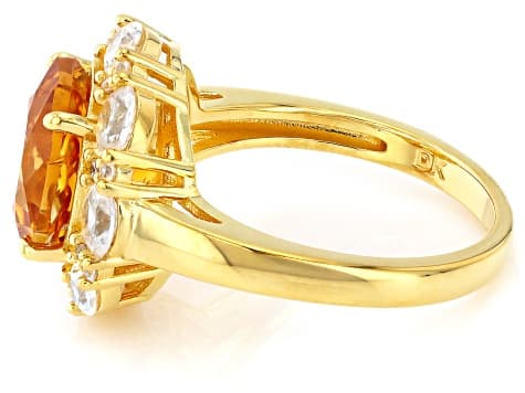 Rose Cut Yellow Citrine With White Zircon 18K Yellow Gold Over Sterling Silver Ring 5.73ctw