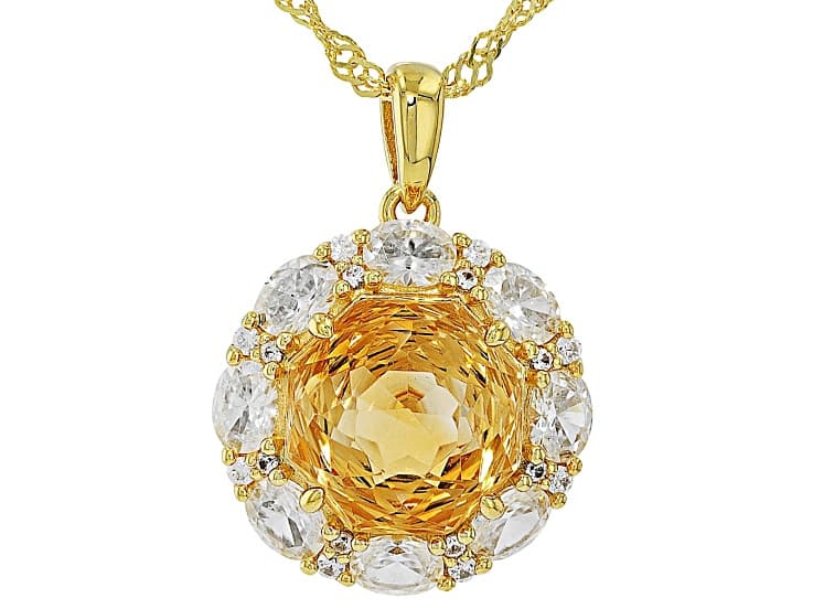 Rose Cut Citrine With White Zircon 18K Yellow Gold Over Silver Pendant With Chain 5.73ctw
