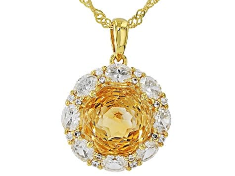Rose Cut Citrine With White Zircon 18K Yellow Gold Over Silver Pendant With Chain 5.73ctw