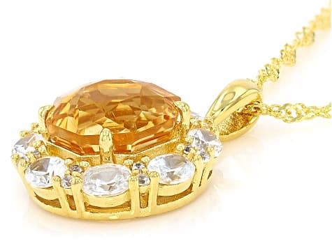 Rose Cut Citrine With White Zircon 18K Yellow Gold Over Silver Pendant With Chain 5.73ctw