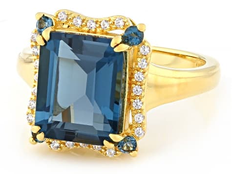 London Blue Topaz With White Zircon 18k Yellow Gold Over Sterling Silver Ring 4.90ctw