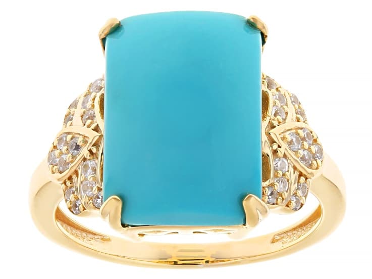 Sleeping Beauty Turquoise With White Zircon 18k Yellow Gold Over Sterling Silver Ring 0.25ctw
