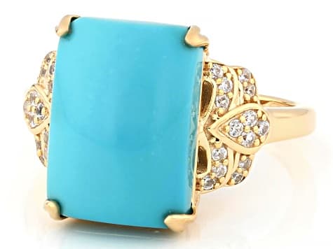 Sleeping Beauty Turquoise With White Zircon 18k Yellow Gold Over Sterling Silver Ring 0.25ctw
