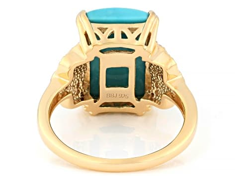 Sleeping Beauty Turquoise With White Zircon 18k Yellow Gold Over Sterling Silver Ring 0.25ctw
