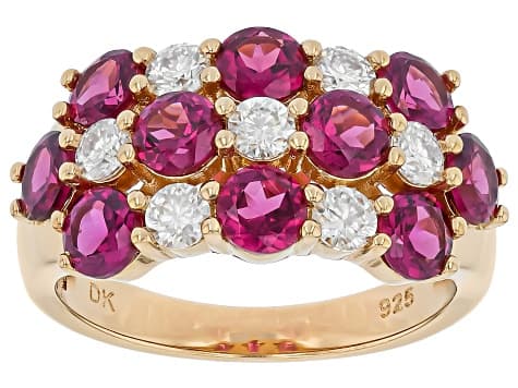 Grape Color Garnet with White Moissanite 18K Yellow Gold Over Sterling Silver Ring 3.32ctw