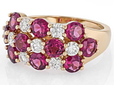 Grape Color Garnet with White Moissanite 18K Yellow Gold Over Sterling Silver Ring 3.32ctw