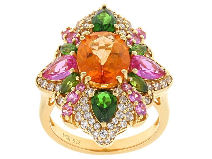Mandarin Color Orange Topaz with Multi Gemstone 18K Yellow Gold Over Sterling Silver Ring 5.87ctw