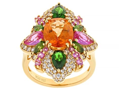 Mandarin Color Orange Topaz with Multi Gemstone 18K Yellow Gold Over Sterling Silver Ring 5.87ctw