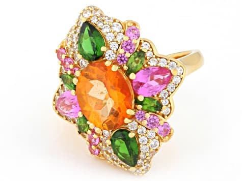 Mandarin Color Orange Topaz with Multi Gemstone 18K Yellow Gold Over Sterling Silver Ring 5.87ctw
