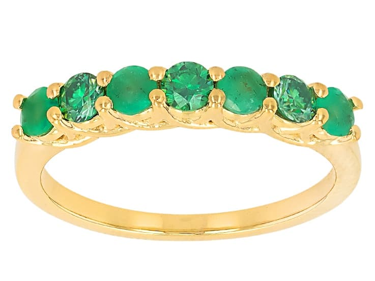 Green Zambian Emerald with Green Moissanite 18K Yellow Gold Over Sterling Silver Ring 0.68ctw