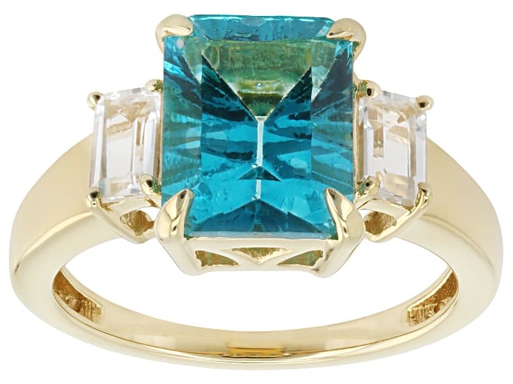 Blue Paraiba Color Topaz With White Topaz 18K Yellow Gold Over Sterling Silver 3 Stone Ring 4.17ctw