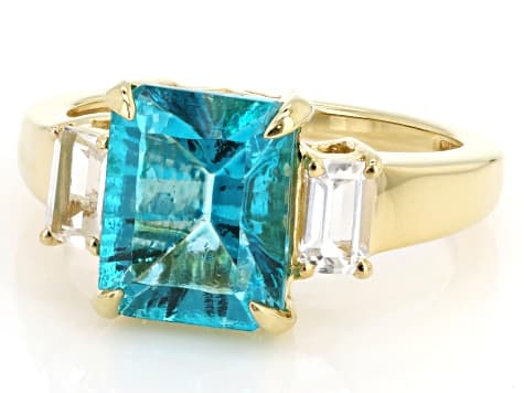 Blue Paraiba Color Topaz With White Topaz 18K Yellow Gold Over Sterling Silver 3 Stone Ring 4.17ctw