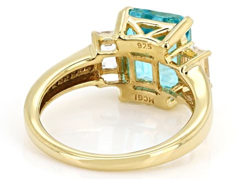 Blue Paraiba Color Topaz With White Topaz 18K Yellow Gold Over Sterling Silver 3 Stone Ring 4.17ctw