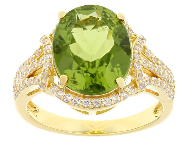Peridot With White Zircon 18k Yellow Gold Over Sterling Silver Ring 6.65ctw