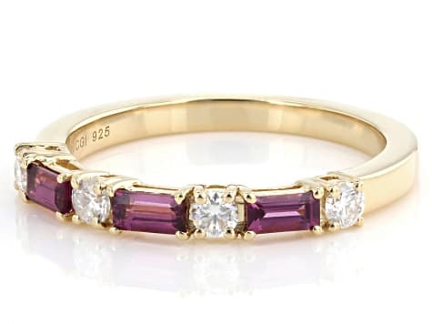 Grape color Garnet with Moissanite 18K Yellow Gold Over Sterling Silver Ring 0.71ctw