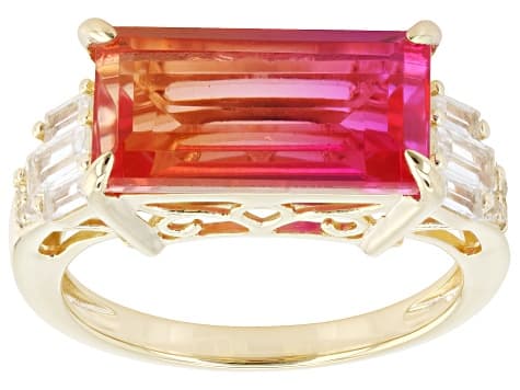 Bi-Color Sunset Quartz Doublet with Lab Created Sapphire 18K Yellow Gold Over Silver Ring 3.91ctw