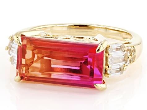 Bi-Color Sunset Quartz Doublet with Lab Created Sapphire 18K Yellow Gold Over Silver Ring 3.91ctw