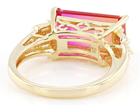 Bi-Color Sunset Quartz Doublet with Lab Created Sapphire 18K Yellow Gold Over Silver Ring 3.91ctw