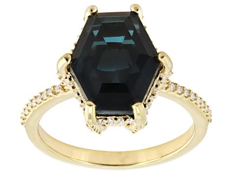 Blue Indicolite Color Quartz Doublet with White Moissanite 18K Yellow Gold Over Silver Ring 4.43ctw