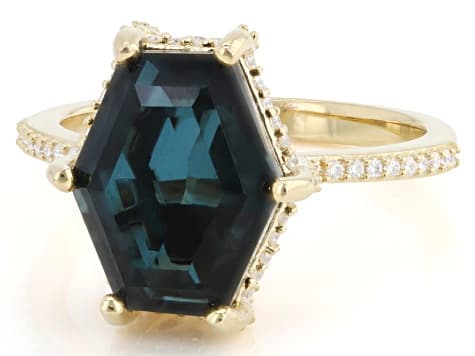 Blue Indicolite Color Quartz Doublet with White Moissanite 18K Yellow Gold Over Silver Ring 4.43ctw