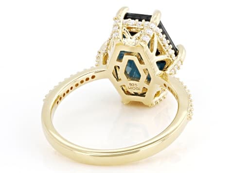 Blue Indicolite Color Quartz Doublet with White Moissanite 18K Yellow Gold Over Silver Ring 4.43ctw