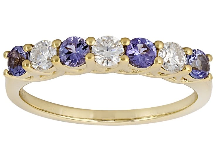 Blue Tanzanite with White Moissanite 18K Yellow Gold Over Sterling Silver Ring 0.75ctw