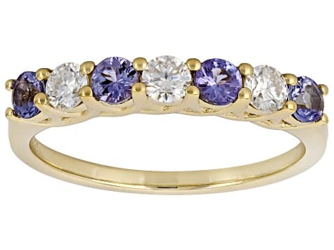 Blue Tanzanite with White Moissanite 18K Yellow Gold Over Sterling Silver Ring 0.75ctw