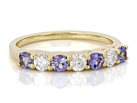 Blue Tanzanite with White Moissanite 18K Yellow Gold Over Sterling Silver Ring 0.75ctw