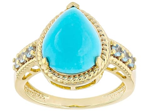 Sleeping Beauty Turquoise with Swiss Blue Topaz 18k Yellow Gold Over Sterling Silver Ring 0.23ctw