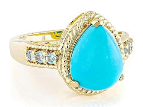 Sleeping Beauty Turquoise with Swiss Blue Topaz 18k Yellow Gold Over Sterling Silver Ring 0.23ctw