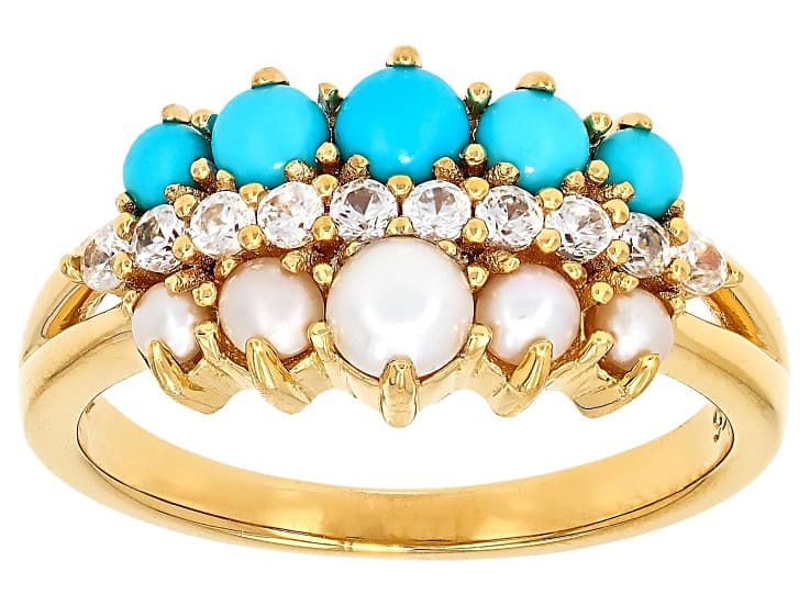 Sleeping Beauty Turquoise With Cultured Seed Pearl, & White Zircon 18k Yellow Gold Over Silver Ring